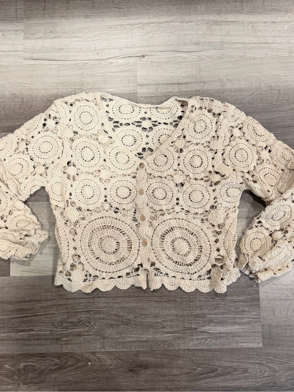 Crochet Cardigan Cream Long Sleeve Bohemian Grannycore Cottagecore Size Large